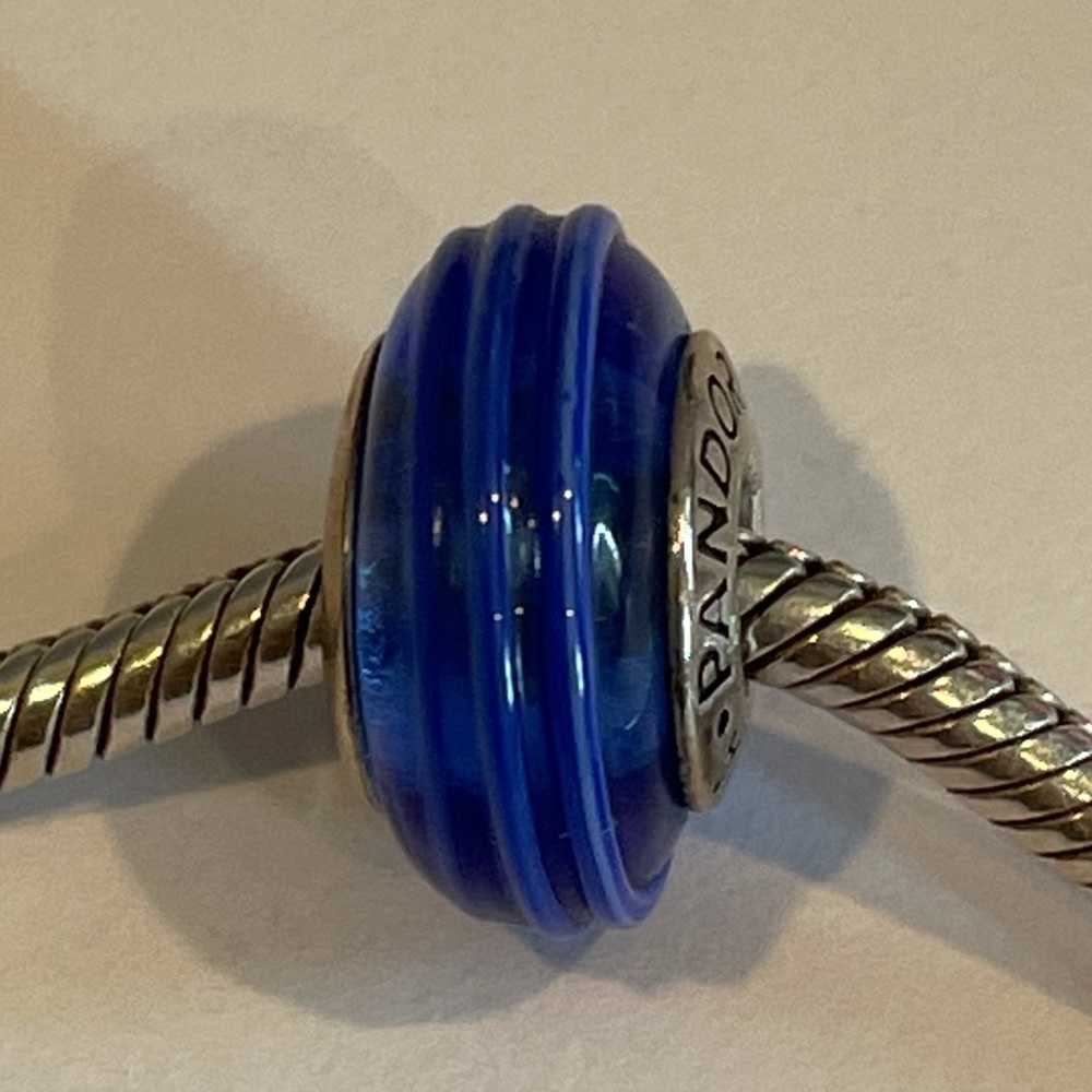 Pandora murano glass blue swirl ridge silver charm